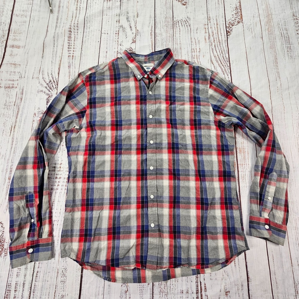 Old Navy Gray Plaid Slim Fit Long Sleeve Cotton‎ Button Up Shirt Men's XL
